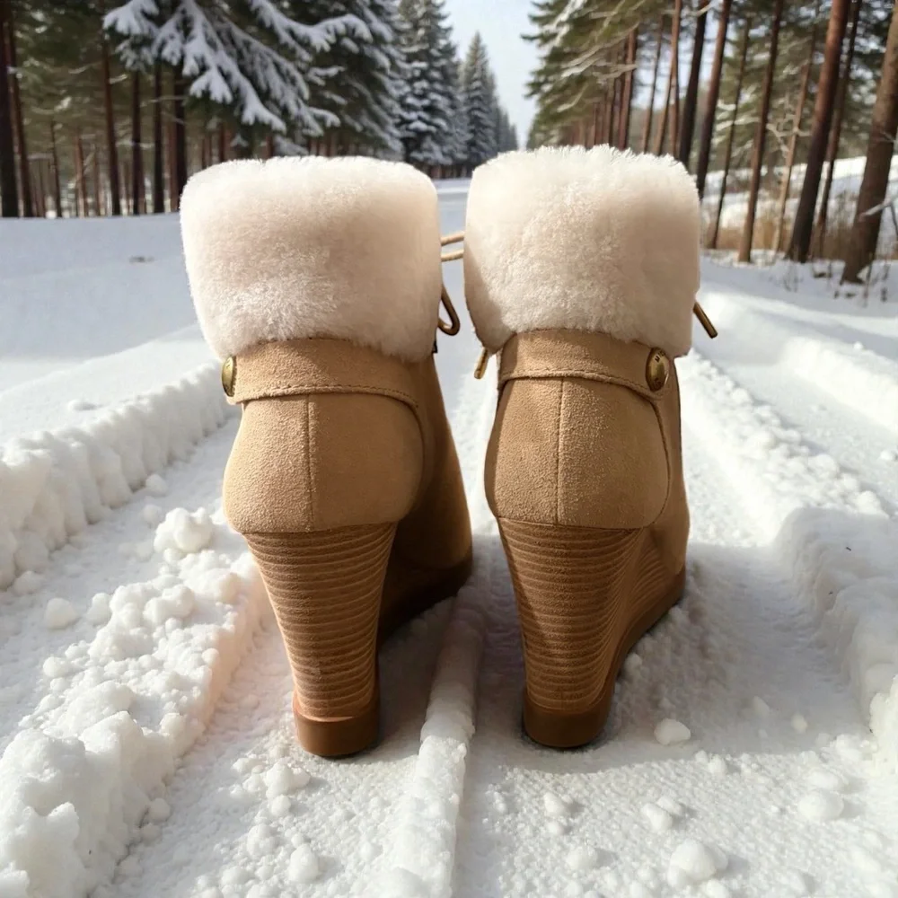 Michael Kors Carrigan Shearling Tan Suede Leather Women's Wedge Ankle Boots
